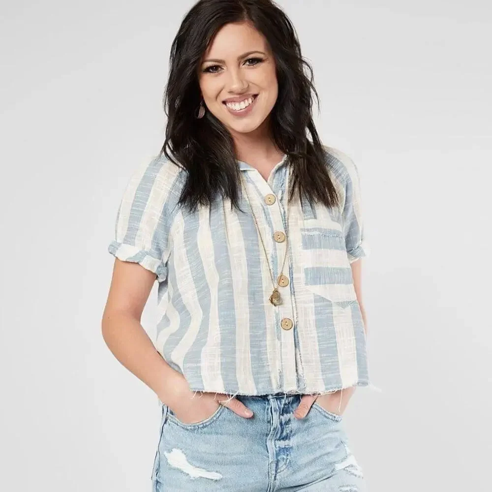 Free People Blue and White Striped Short-Sleeve Button Shirt - Picture 4 of 12